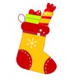 Christmas sock with presents sweet candy and box. New year gift stoking. vector clip art Royalty Free Stock Photo