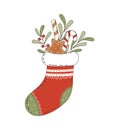 Christmas sock or stocking with sweets, twigs, caramel and gifts. Vector illustration on a white isolated background Royalty Free Stock Photo