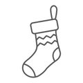 Christmas sock thin line icon, decor and new year, festive stocking sign, vector graphics, a linear pattern on a white