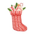 Christmas sock watercolor illustration. Hand drawn red knitted stocking with fir branch, dry orange, candy cane, gift