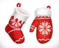 Christmas sock and winter knitted mitten. Vector icon