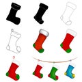 Christmas socks. Cartoon trendy flat clothing element and winter celebration attributes with patterns and ornaments. Vector set Royalty Free Stock Photo