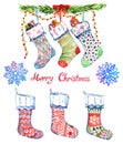 Christmas socks collection with greeting Marry Christmas and snowflakes, handpainted watercolor illustration isolated on white