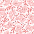 Christmas socks, fir brunches, doodle hand drawn elements, vector seamless pattern
