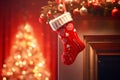 Christmas socks, fireplace background, christmas toys,