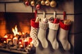 Christmas socks hanging on the fireplace Royalty Free Stock Photo