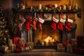 Christmas socks hanging on the fireplace Royalty Free Stock Photo