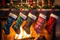 Christmas socks hanging on the fireplace Royalty Free Stock Photo