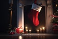 Christmas socks for New Year\'s gifts hang over a fireplace with fire. AI generated