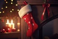 Christmas socks for New Year\'s gifts hang over a fireplace with fire. AI generated