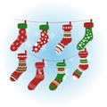Christmas socks in red colour. Vector colorful xmas stockings with various patterns