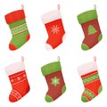 Christmas socks. Set of different Christmas socks in cartoon style. Isolated on a white background. Vector illustration. Royalty Free Stock Photo