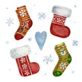 Christmas socks set isolated on white background, knitted sock hand drawn in watercolor Royalty Free Stock Photo