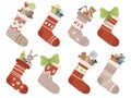Christmas socks. Xmas stocking or sock with snowflakes, snowman and Santa. Deer and Santas helpers elves on stockings