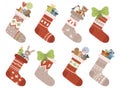 Christmas socks. Xmas stocking or sock with snowflakes, snowman and Santa. Deer and Santas helpers elves on stockings vector set Royalty Free Stock Photo