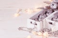 Christmas soft silver apples and lights burning in boxes on a wooden white background. Royalty Free Stock Photo