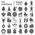 Christmas solid icon set, december holidays symbols collection or sketches. New Year celebration glyph style signs for Royalty Free Stock Photo