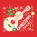 Christmas songs guitar on red background. Vector greeting card with acoustic guitar, decorations and text