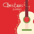 Christmas songs guitar on red background.Vector greeting card with acoustic guitar