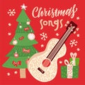 Christmas songs - vector illustration for disc cover with holiday music. Guitar with strings, xmaas tree, gift boxes and Royalty Free Stock Photo