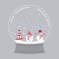 Christmas souvenir. Three snowmen in red winter clothes in a glass snow globe