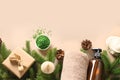 Christmas Spa concept with gift, wellness objects, cosmetic sea salt for relaxation and mental health.