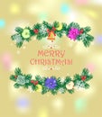 Christmas sparkle gold background with craft paper cutting green conifer branches wreath with jingle bell, poinsettia