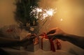 Christmas sparklers in darkness. Royalty Free Stock Photo