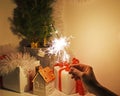 Christmas sparklers in darkness. Royalty Free Stock Photo