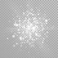 Christmas sparkling snow and glittering snowflakes confetti on white transparent background. Vector winter holiday sparkling glitt