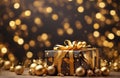 Christmas special gift box and golden baubles on blur background