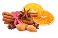 Christmas spices cinnamon, anise, clove, almond nuts and dried orange slices Royalty Free Stock Photo