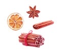 Christmas spices: cinnamon, star anise, cloves, nutmeg, orange. handmade watercolor illustrations