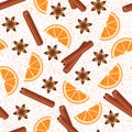 Christmas spices cinnamon, star anise and orange seamless pattern. For christmas and other design