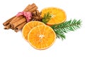 Christmas spices with cinnamon sticks and dried orange slices on white Royalty Free Stock Photo