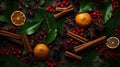 Christmas spices, fruit pieces, baubles, seeds and leaves abstract background. Royalty Free Stock Photo