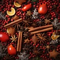 Christmas spices, fruit pieces, baubles, seeds and leaves abstract background. Royalty Free Stock Photo