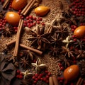 Christmas spices, fruit pieces, baubles, seeds and leaves abstract background. Royalty Free Stock Photo