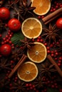 Christmas spices, fruit pieces, baubles, seeds and berries abstract background. Royalty Free Stock Photo