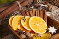 Christmas spices, nuts, dried oranges Royalty Free Stock Photo