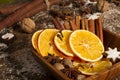 Christmas spices, nuts, dried oranges Royalty Free Stock Photo