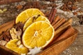 Christmas spices, nuts, dried oranges Royalty Free Stock Photo