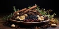 Christmas spices Potpourri close-up on a wooden table, cloves, cinnamon and razmarin. Generative AI