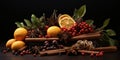 Christmas spices Potpourri close-up on a wooden table, cloves, cinnamon and razmarin. Generative AI