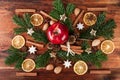 Christmas spices and red apple arrangement on rustic wooden table. Top view