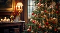 Christmas spirit. Magic glowing Christmas tree decorated with vintage ornaments and garlands