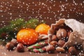 Christmas spirit: nuts, tangerines, Christmas tree, nuts, a flashlight on a dark wooden background Royalty Free Stock Photo