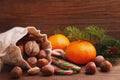 Christmas spirit: nuts, tangerines, Christmas tree, nuts, a flashligh Royalty Free Stock Photo