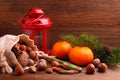 Christmas spirit: nuts, tangerines, Christmas tree, nuts, a flashligh Royalty Free Stock Photo