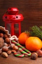 Christmas spirit: nuts, tangerines, Christmas tree, nuts, a flashlight Royalty Free Stock Photo